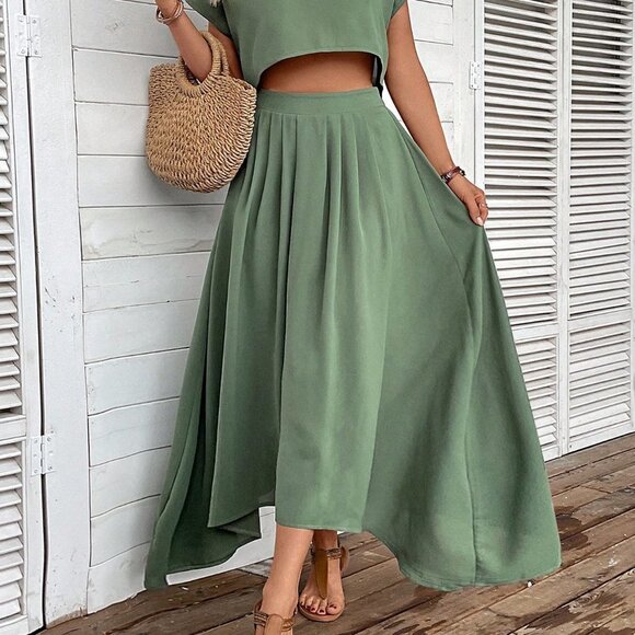 Green Boho Womens Women's Solid Color Loose Casual Two-Piece Set - Picture 4 of 6